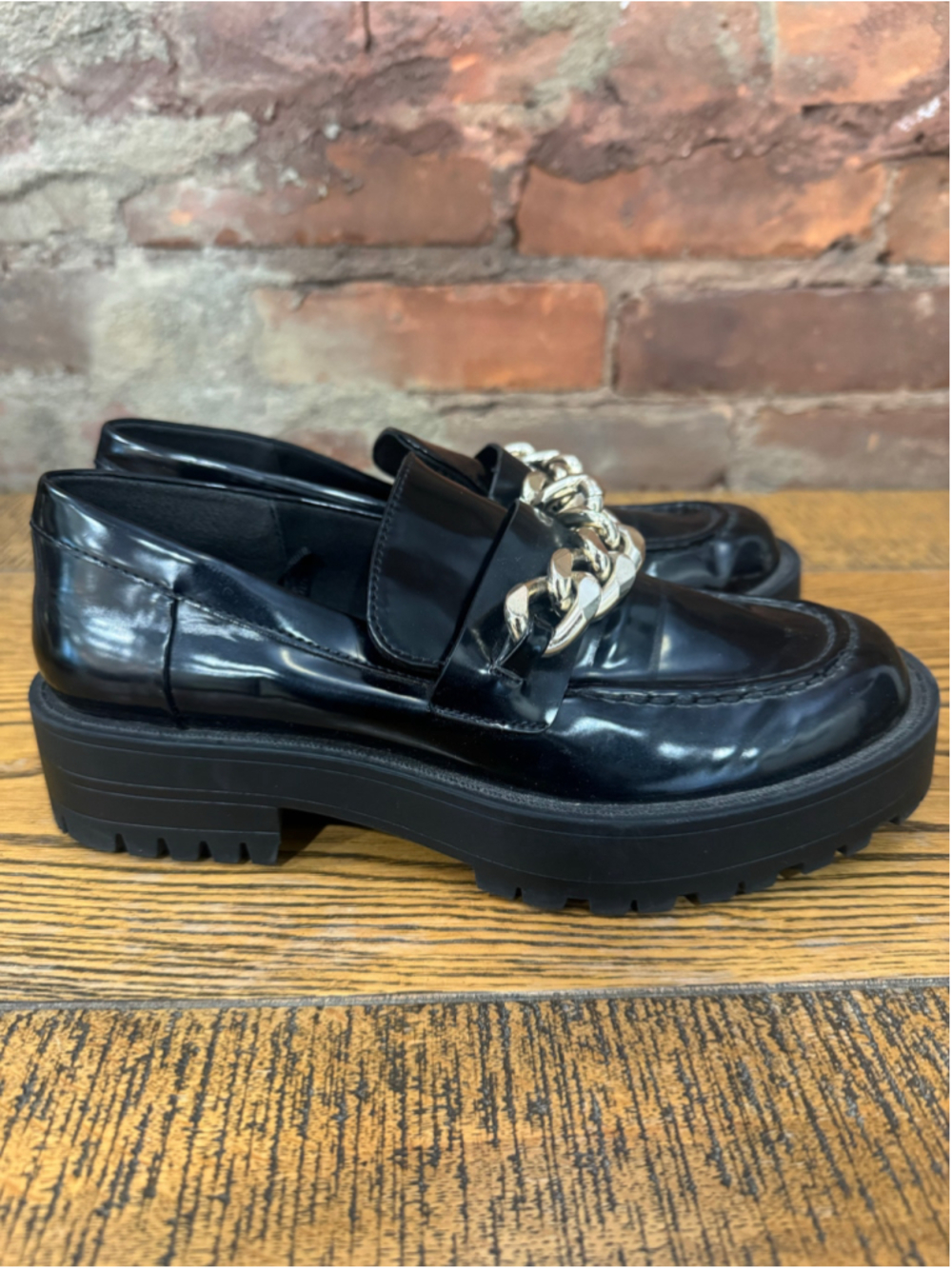 ZARA Black Patent Lug Sole Chain Loafers Platform Chunky Oxfords Shoes 36 6 Y2K